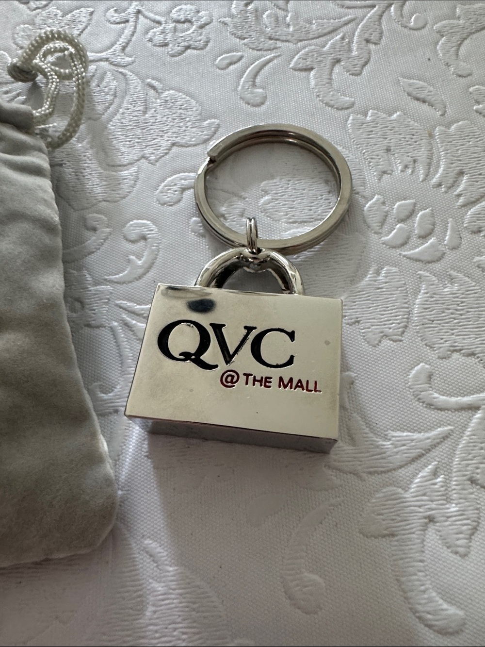 QVC Silver-Tone Tote Bag Keychain with Red Accent